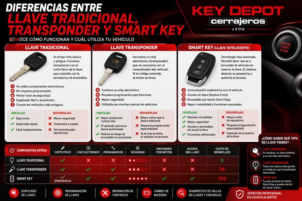 llave tradicional transponder y Smart Key
